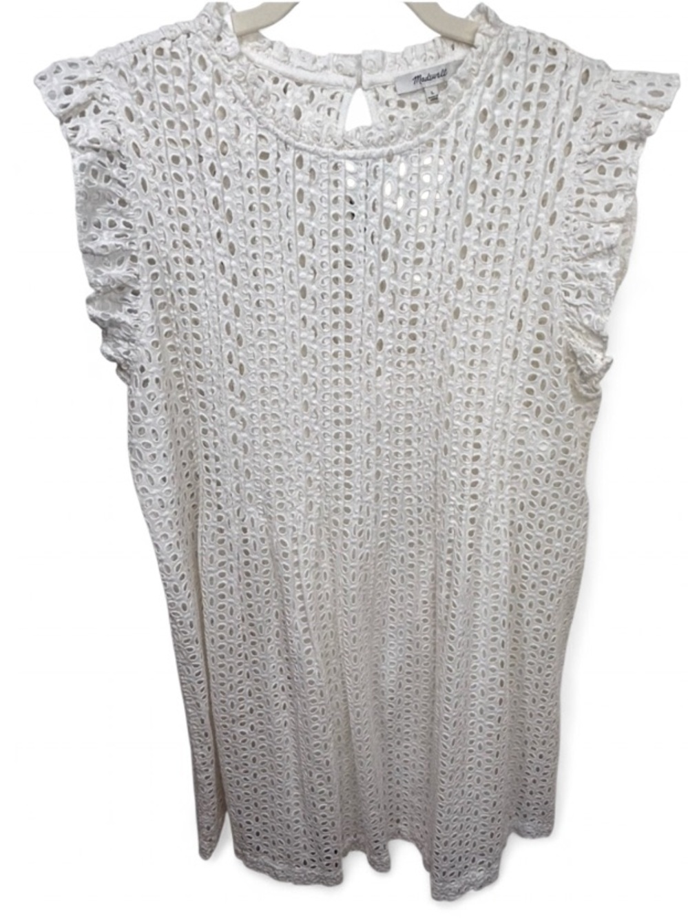 Madewell White Eyelet Ruffle-Sleeve Pintuck Mini Dress. 100% Cotton, Size L - Picture 3 of 9